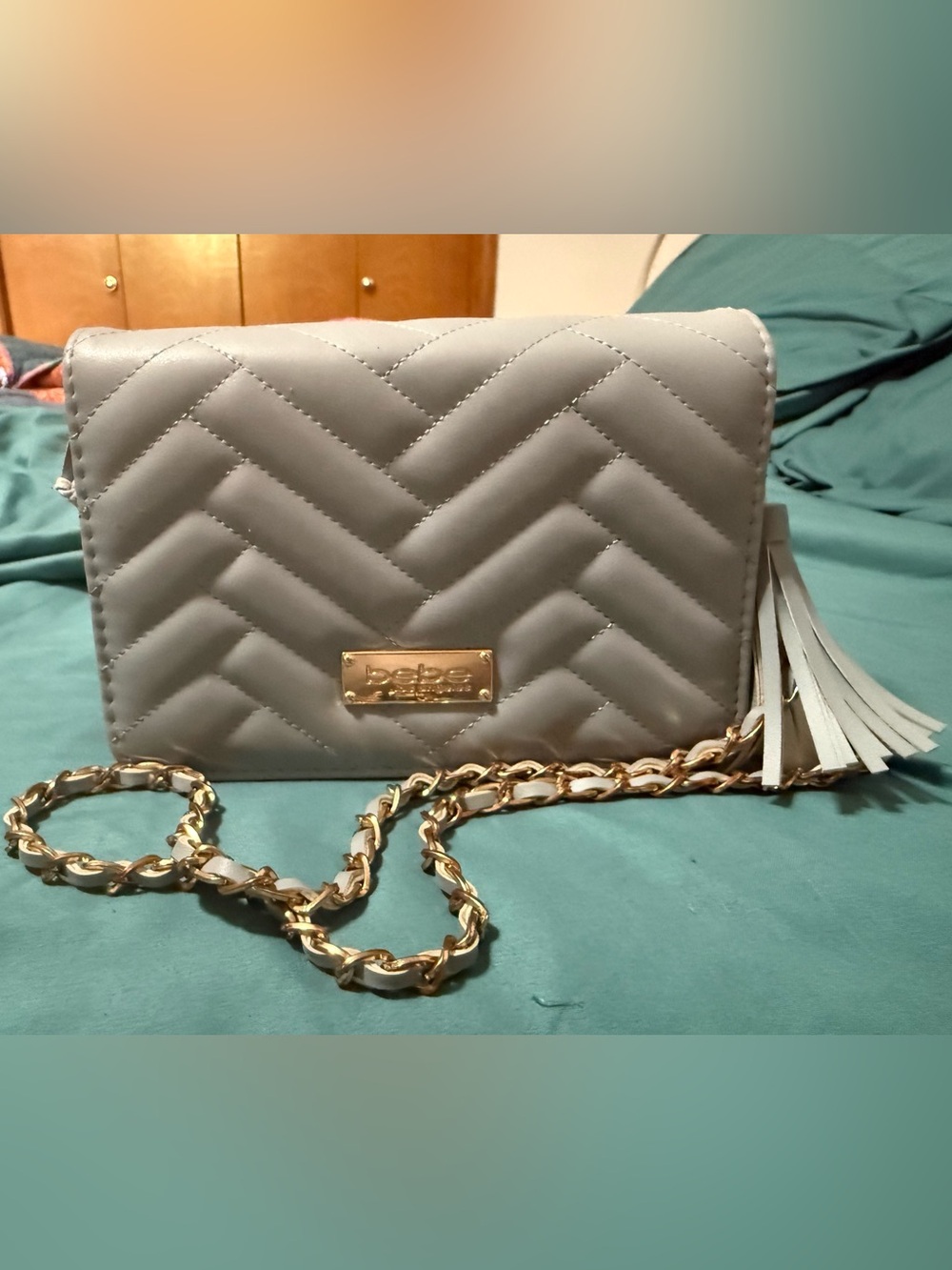 Bebe Quilted Gray Crossbody Bag with Gold Chain
